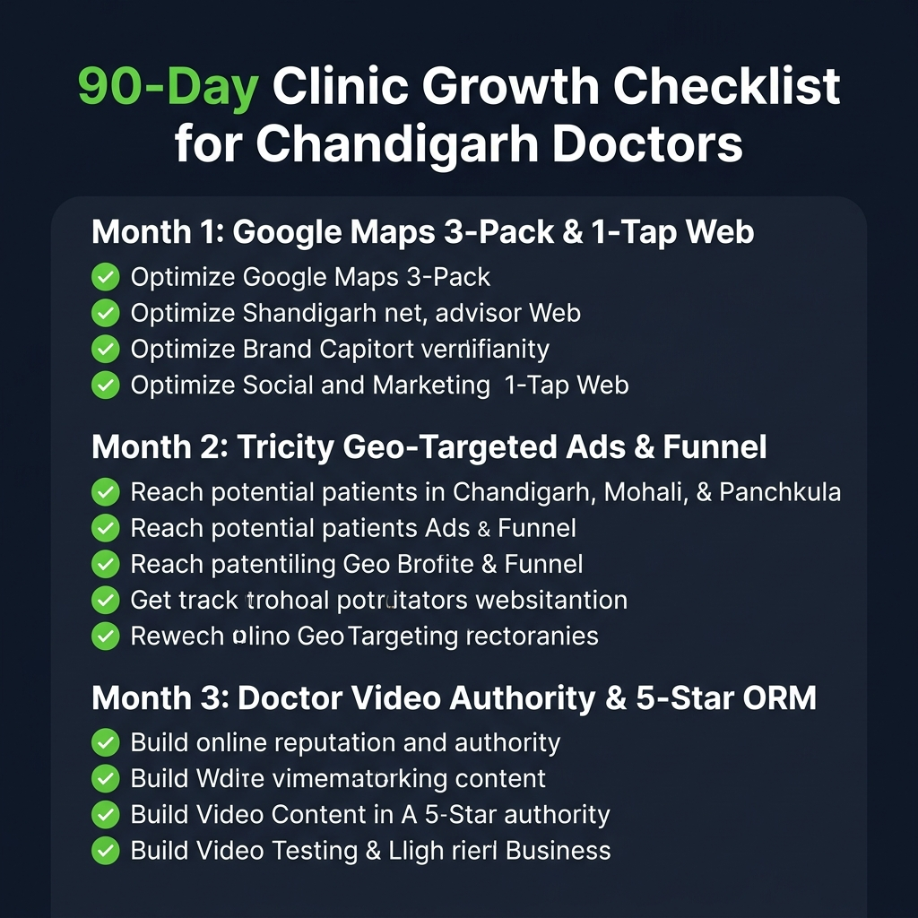 Comprehensive 90-day actionable clinic marketing checklist graphic for Chandigarh doctors