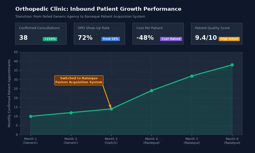 Case study analytics proof showing patient appointment growth after switching to a specialist healthcare digital marketing company