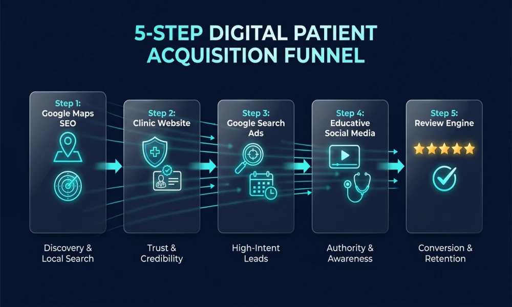 5 step digital patient acquisition funnel diagram for Kolkata clinics