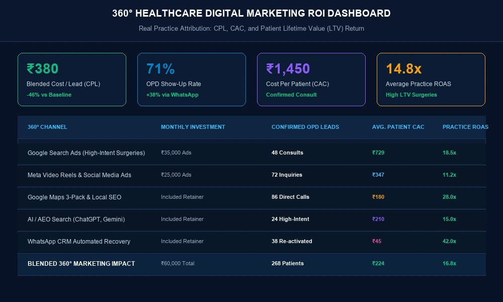 Healthcare marketing ROI analytics dashboard showing CPL, CAC and Return on Ad Spend across 360 channels
