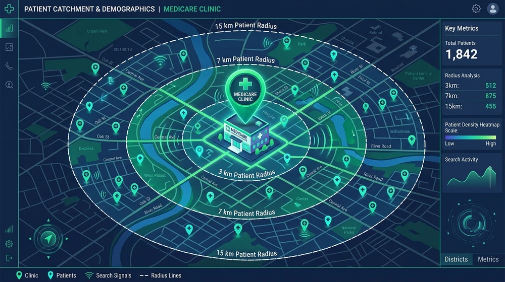 Local SEO map illustrating patient catchment areas and clinic search radius across urban sectors
