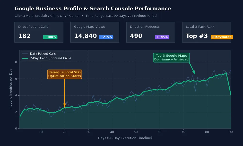 Google Search Console and GBP Insights performance proof showing 180% patient growth