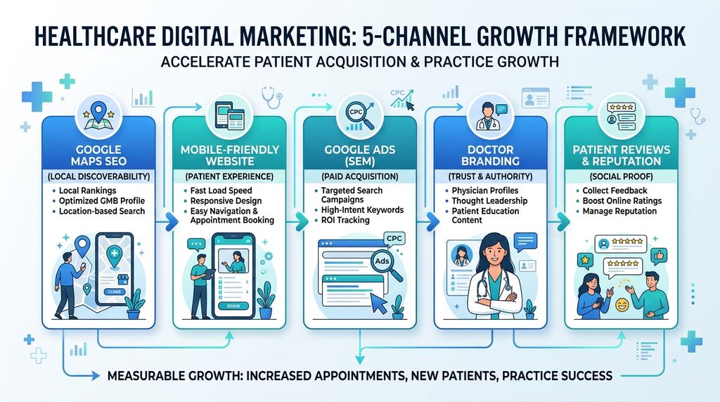 5 channels of online clinic growth framework maps seo website ads social reviews