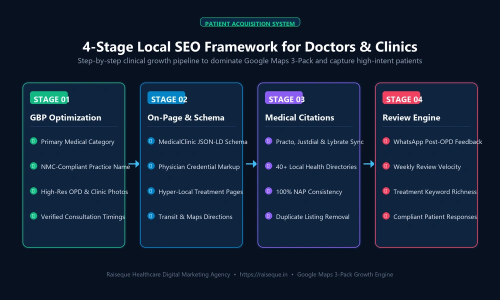 Step-by-step local SEO implementation workflow diagram for doctors and medical clinics