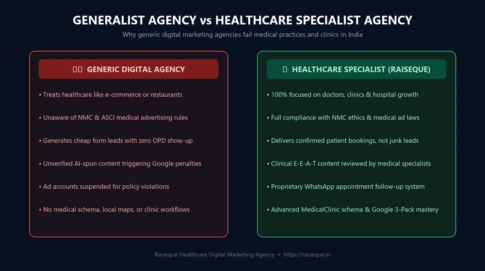 How to choose a healthcare digital marketing company: Specialist vs generalist comparison diagram
