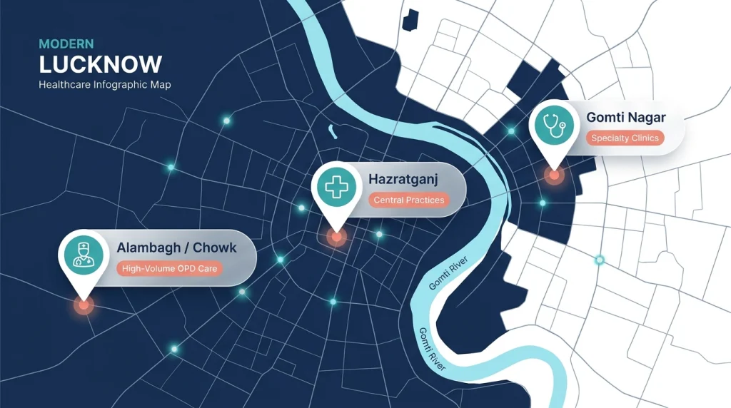 Lucknow key healthcare areas map showing clinic competition zones