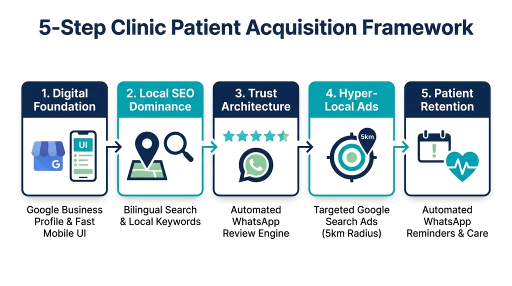 5 step clinic patient acquisition framework diagram for Lucknow doctors