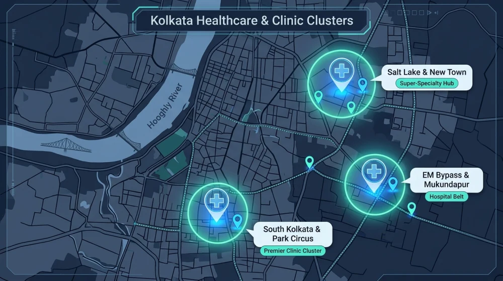 Kolkata key healthcare areas map highlighting EM Bypass Salt Lake and South Kolkata clusters
